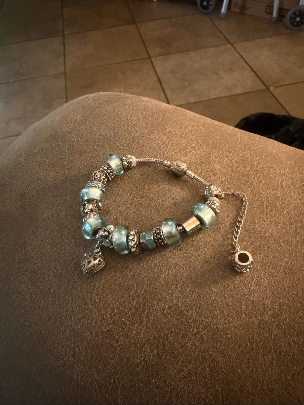 Silver Charm Bracelet with Light Blue Glass Beads